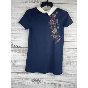 Mine Dress Women's Small Navy Blue Embroidered Floral White Collar Short Sleeve